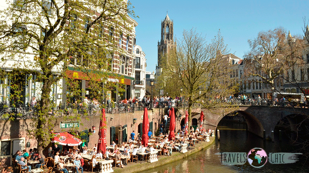 Cafés and terraces along the Oudegracht canal in Utrecht