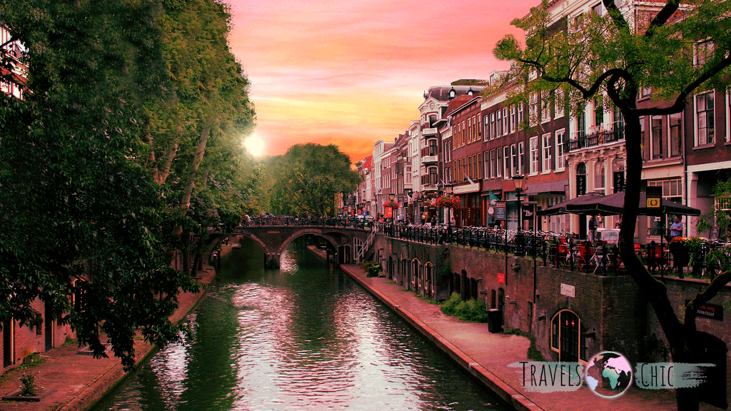 View of Utrecht city center with canals and Dom Tower